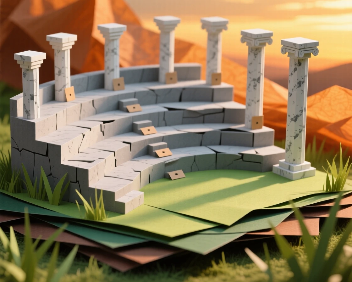 An ancient stone amphitheater bathed in golden sunset light, weathered columns casting long shadows across the grass, evoking history and quiet grandeur.
