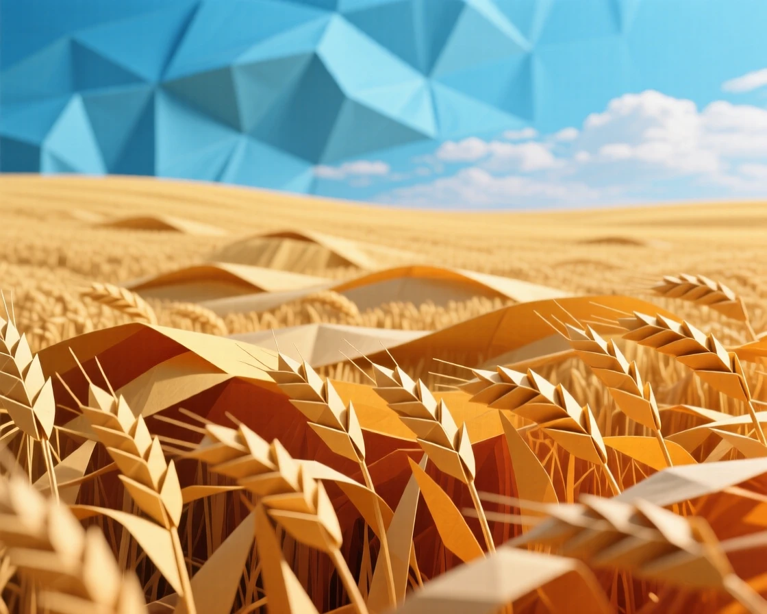 A vast wheat field rippling like waves in the wind under a bright blue sky.