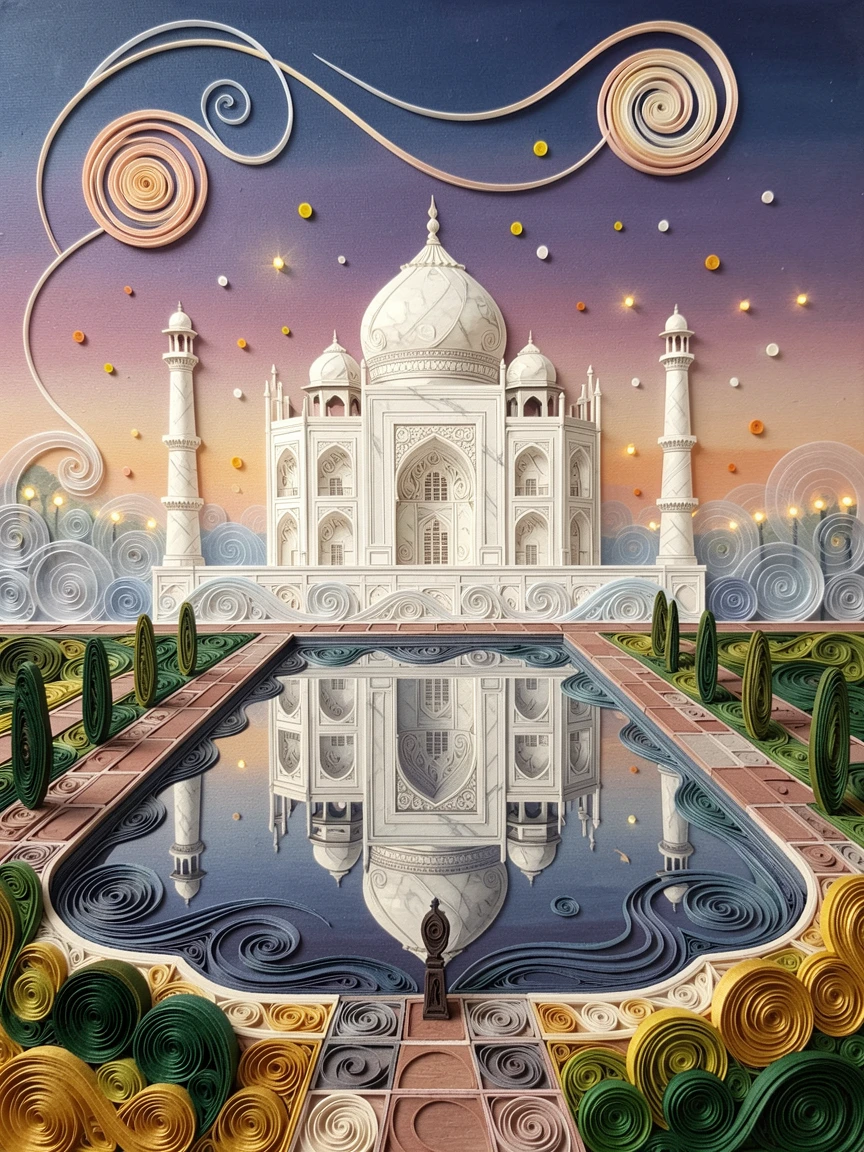 the Taj Mahal reflected perfectly in its still pool, wrapped in gentle morning mist, captured with warm foreground details leading to the horizon, with twinkling lights beginning to glow at dusk.