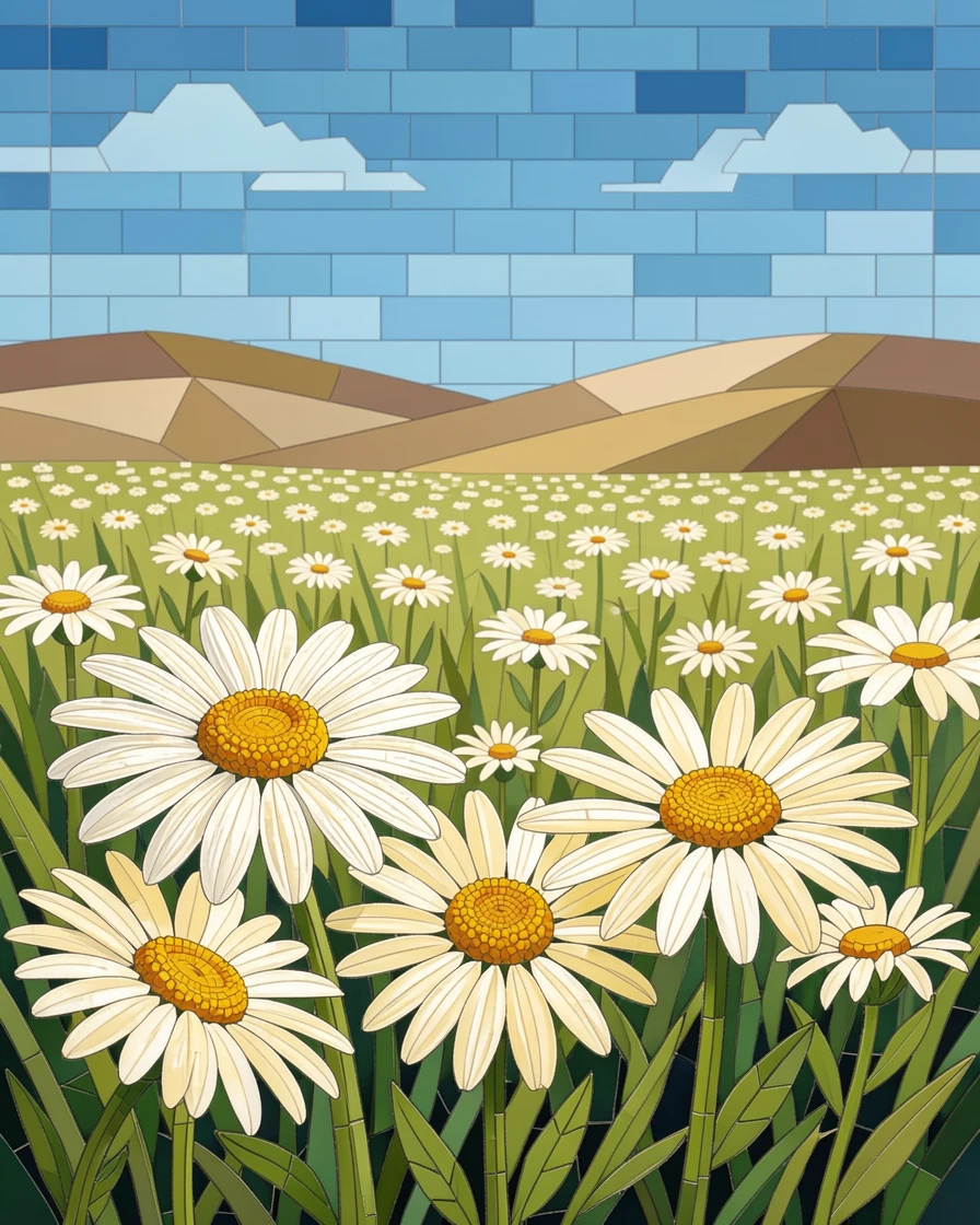 A close-up macro view of a field of daisies stretching toward distant rolling hills, showing intricate petal texture and delicate detail.