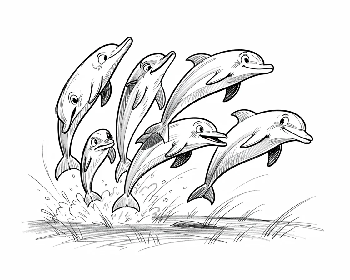 A pod of dolphins leaping on a windswept tundra.