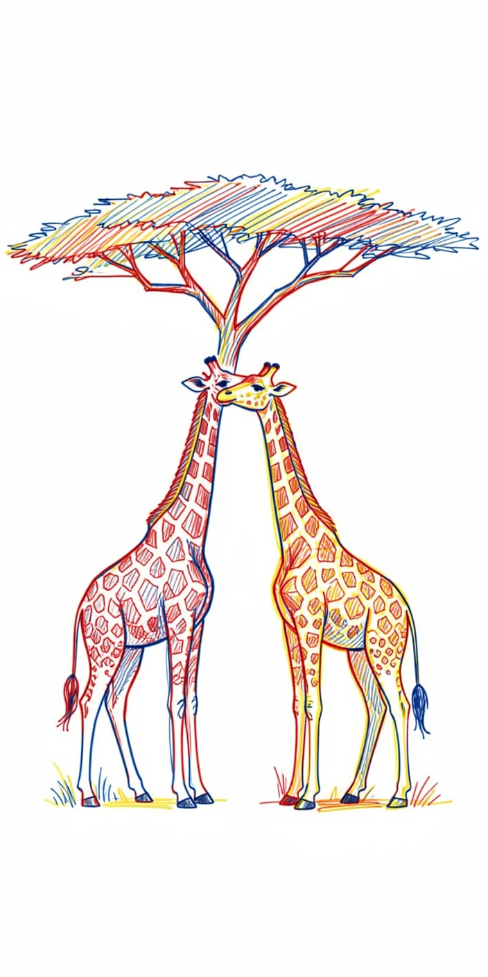 A pair of giraffes gently touching necks beneath an acacia tree at sunset