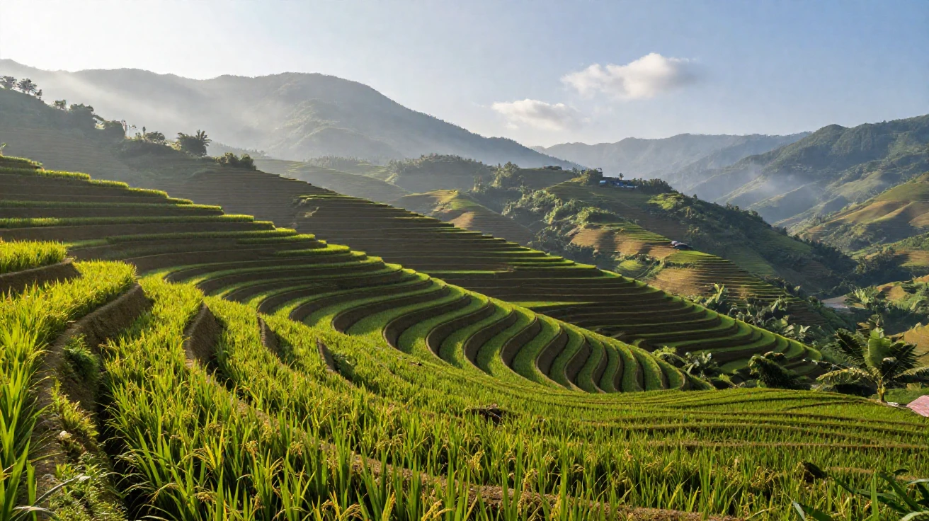 The rice paddies of Sapa Valley in layered green terraces