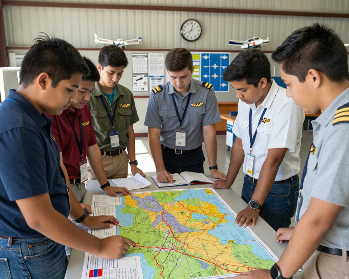 A group of student pilots studies flight charts before a training flight.