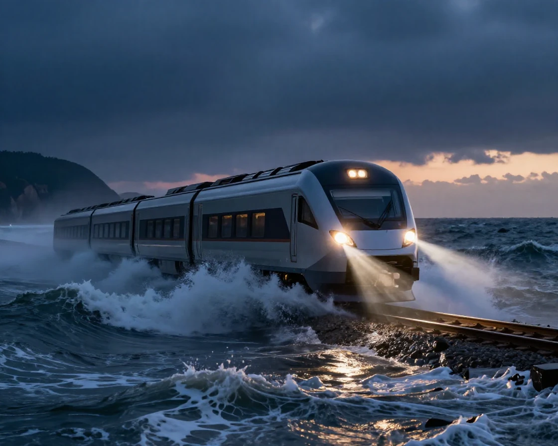 A sleek electric train cutting through choppy ocean waves under a darkening evening sky