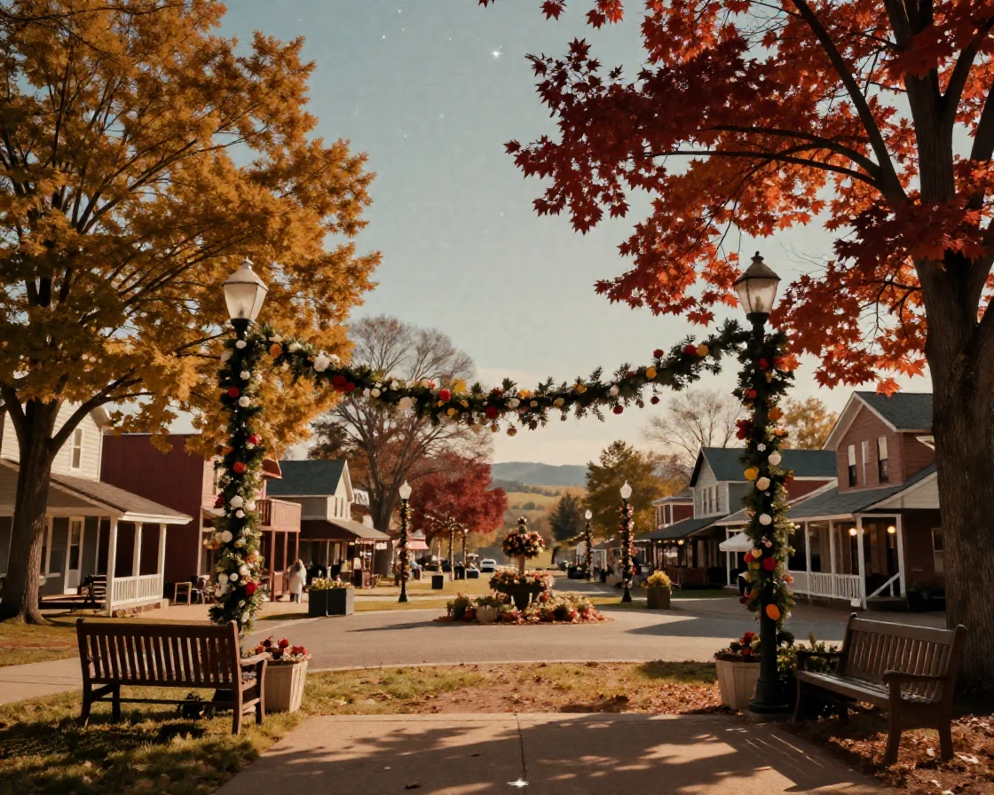 A village square decorated with garlands for a spring celebration, under a canopy of stars, as heat shimmers over the ground, as autumn leaves turn gold and red, dominated by warm amber and rust tones, from behind, looking toward the horizon.