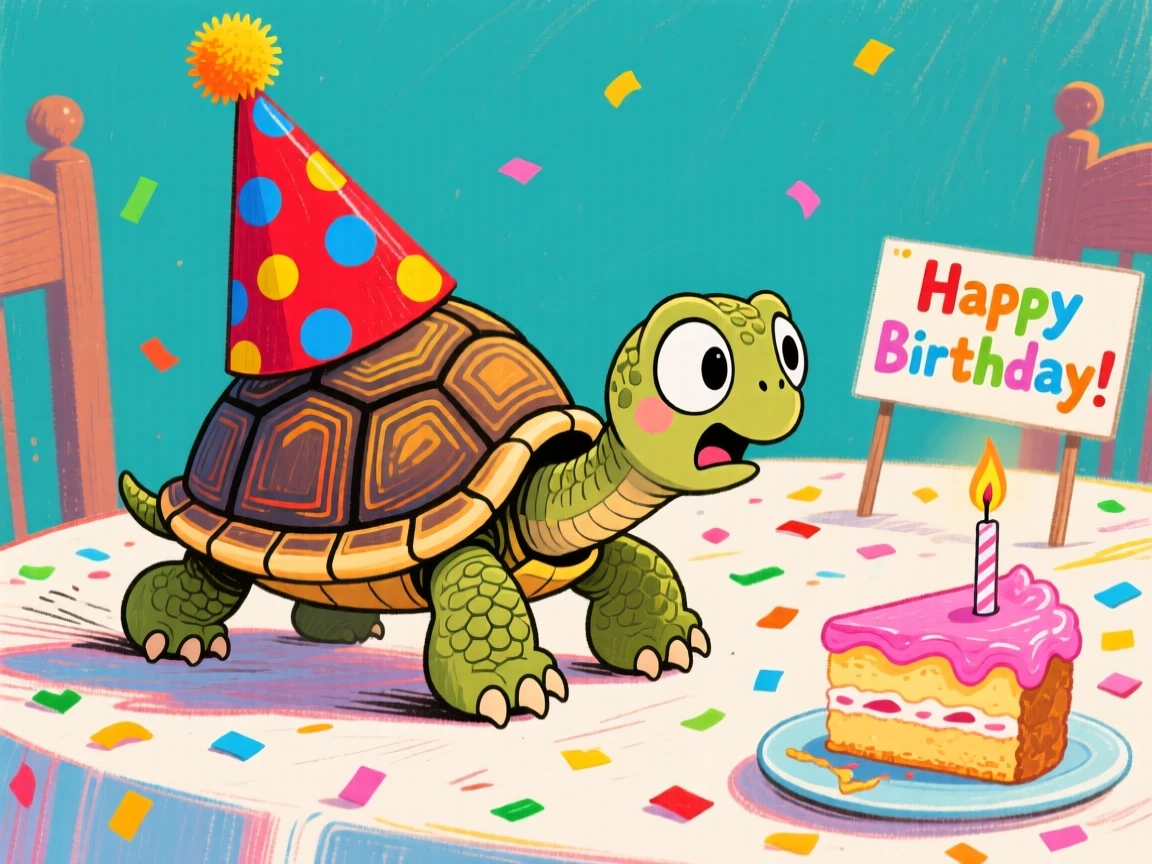 A tiny turtle wearing a party hat, slowly making its way across a birthday table.