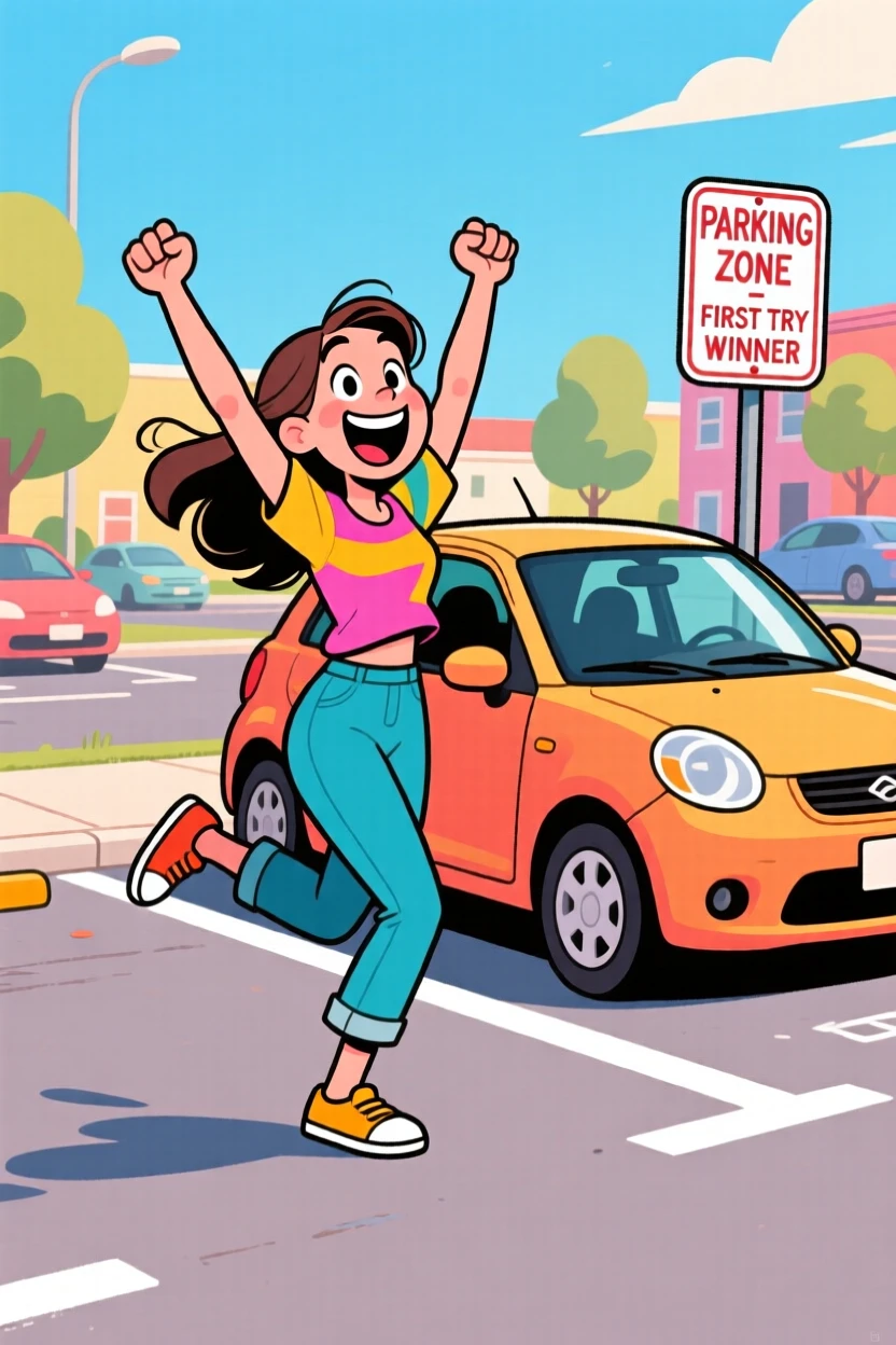 A funny expressive moment showing a woman doing a triumphant victory dance after finally parking on the first try.