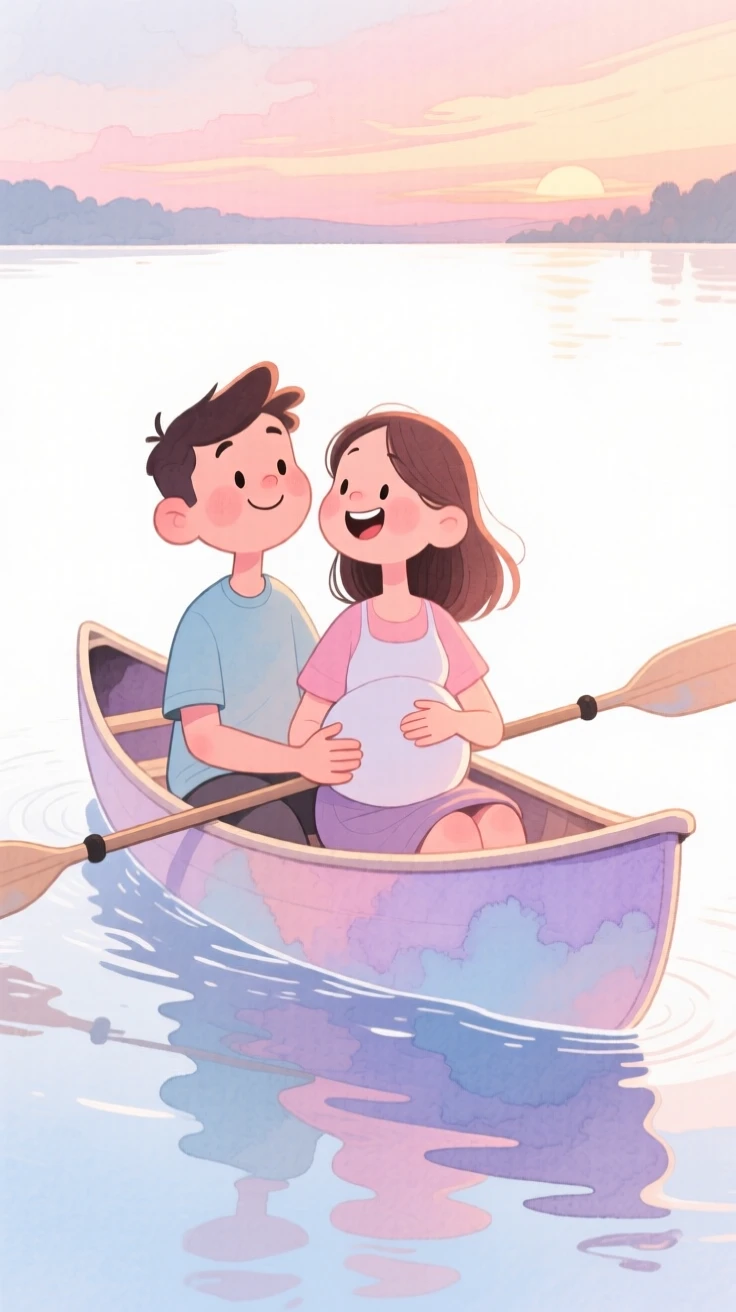 A couple expecting their first child, hands resting on a belly sharing a canoe ride across a calm lake at dusk