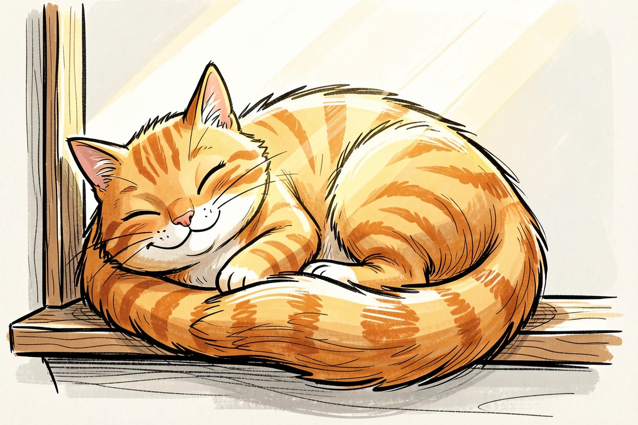 [Cute Animals & Pets] Adorable scene of a chubby orange tabby cat napping in a sunbeam on a windowsill, bursting with charm and playful energy
