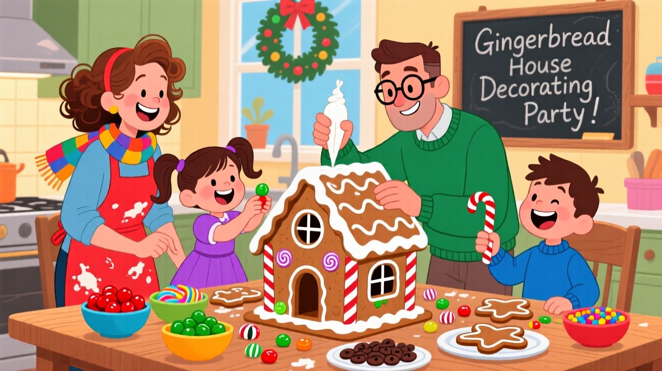 A family decorating gingerbread houses on a kitchen table.