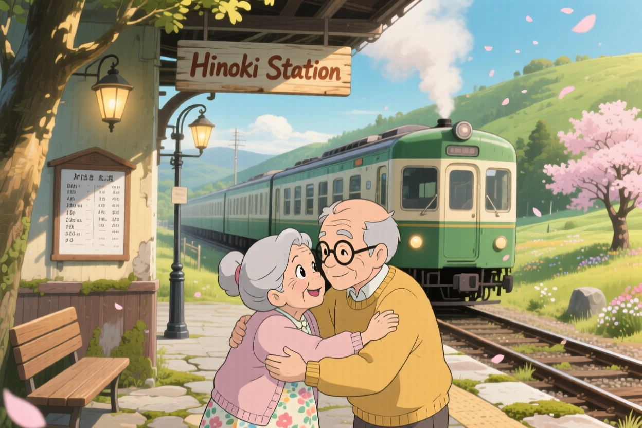 A tender moment of two old friends reuniting with an embrace at a train station, the scene warmly nostalgic.