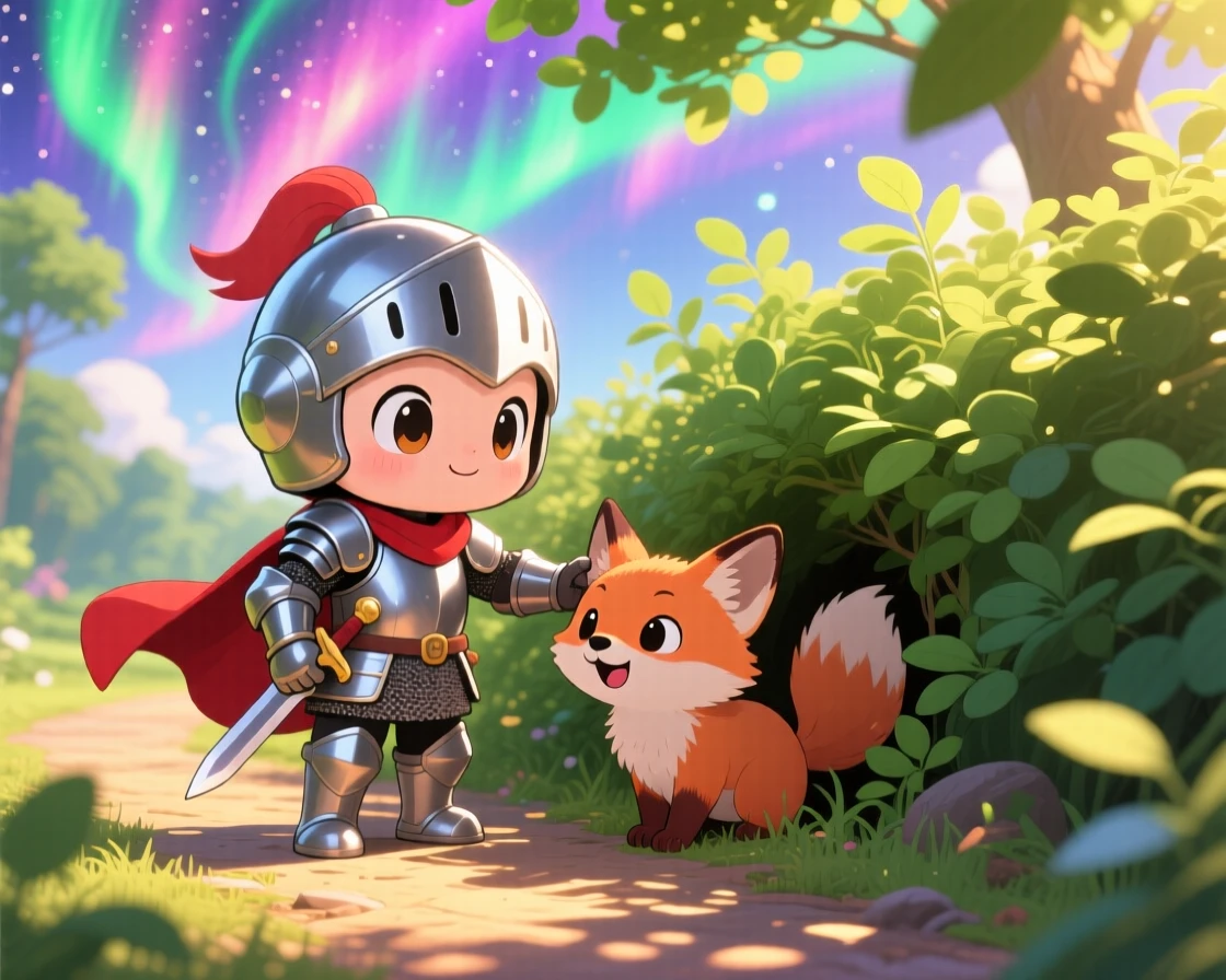 Three-quarter view: a small knight, helping a trapped animal out of a thicket, set against a sunny woodland path beneath swirling aurora-lit skies, with warm morning light filtering through leaves and a mood of curious excitement.