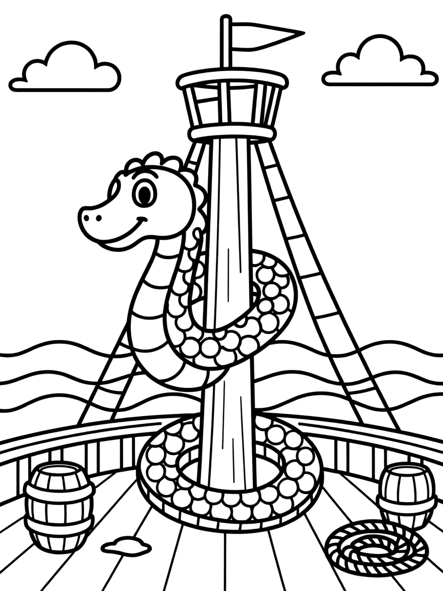 A friendly sea serpent wrapped playfully around a ship's mast