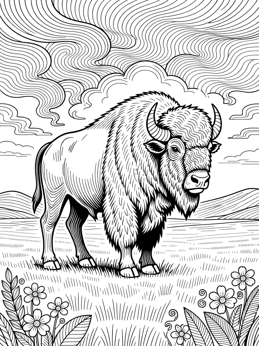 A bison standing alone on a wide prairie under storm clouds.