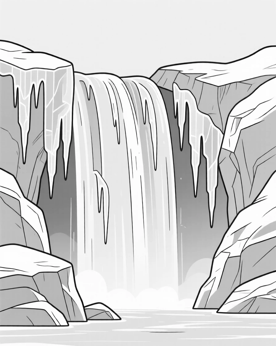 A frozen waterfall with icicles hanging from the rocks