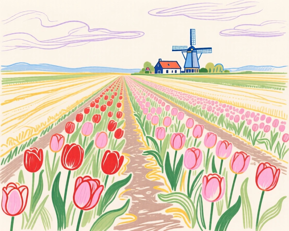 A row of tulip fields in the Netherlands countryside.