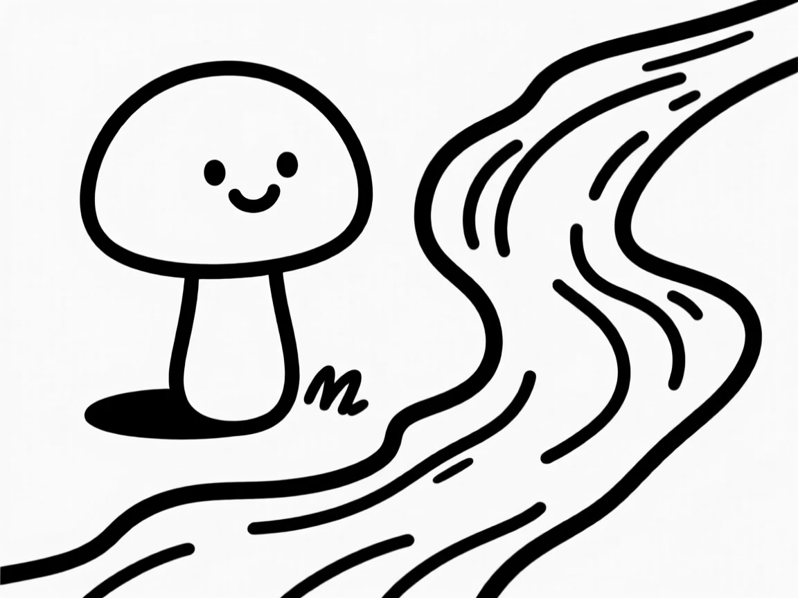 A small round mushroom creature with a friendly face growing beside a stream.