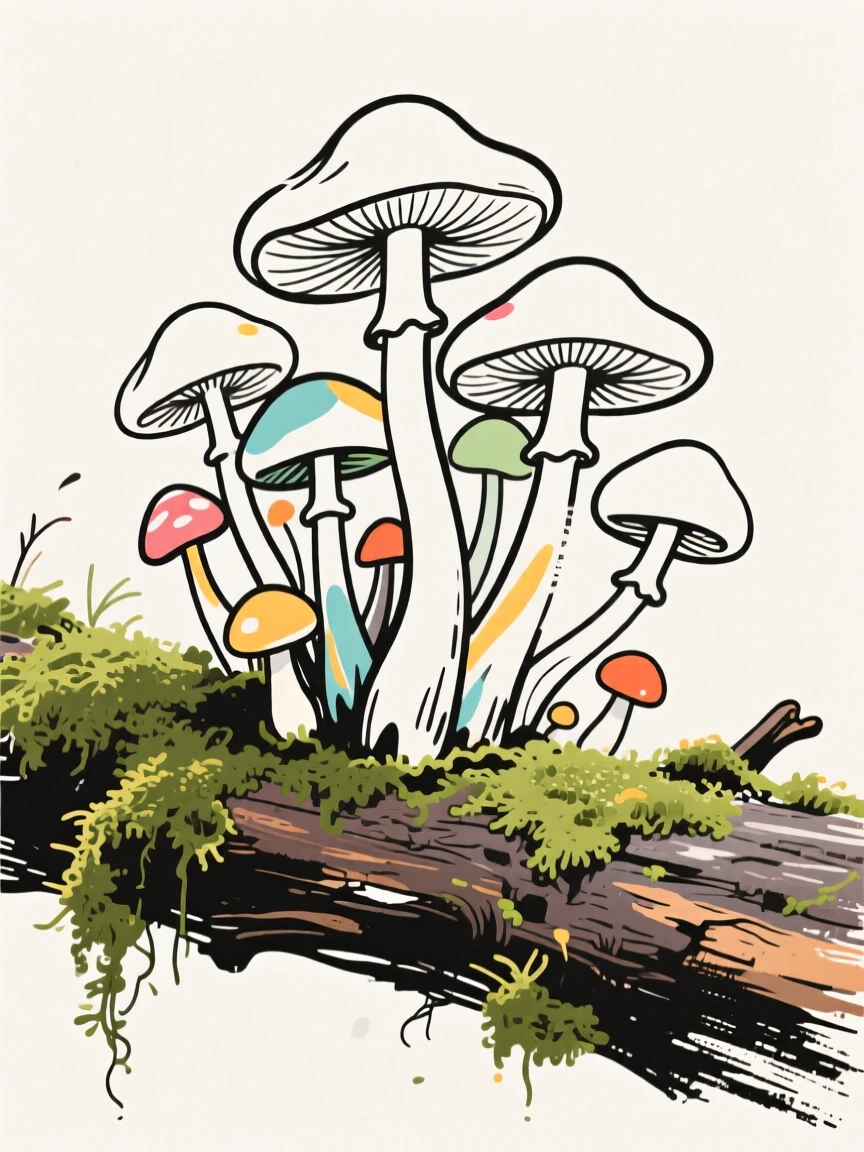 A cluster of wild mushrooms growing on a moss-covered log.