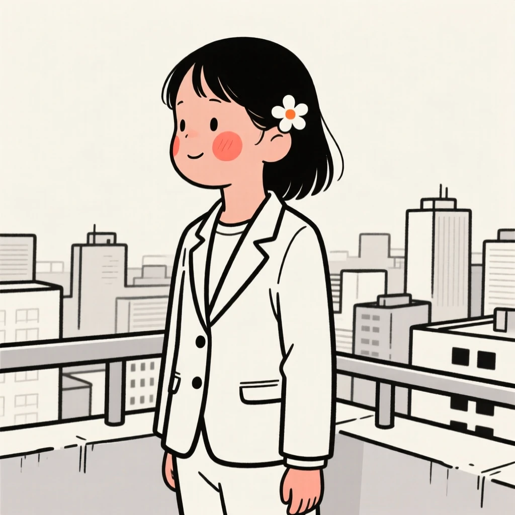 A seven-year-old girl of Hawaiian heritage in a tailored business suit, exuding gentle warmth, on a rooftop overlooking the city.