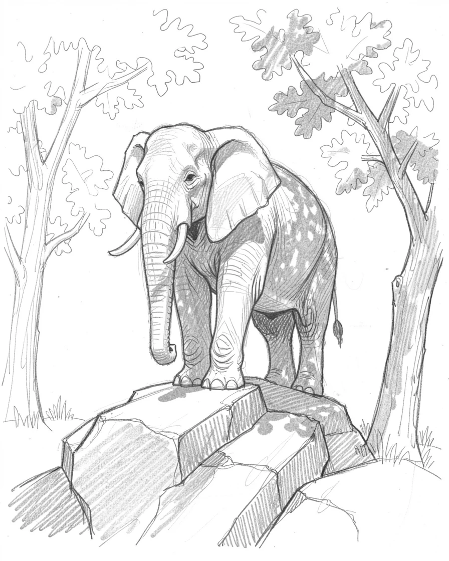 A heartwarming scene of a wise old elephant standing proudly atop a rocky outcrop, under the dappled shade of oak trees.