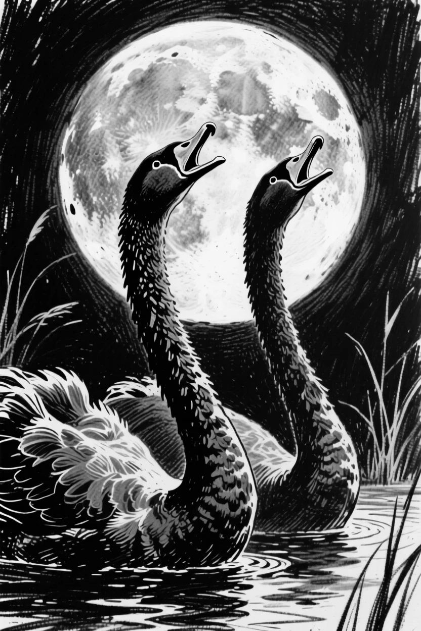 A pair of swans howling at a full moon.