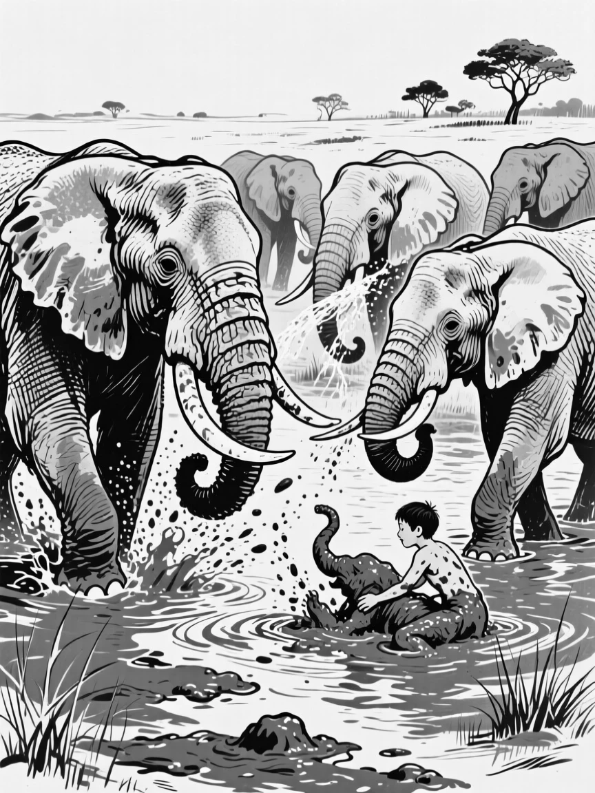 A herd of wild elephants bathing and playing in a muddy watering hole.