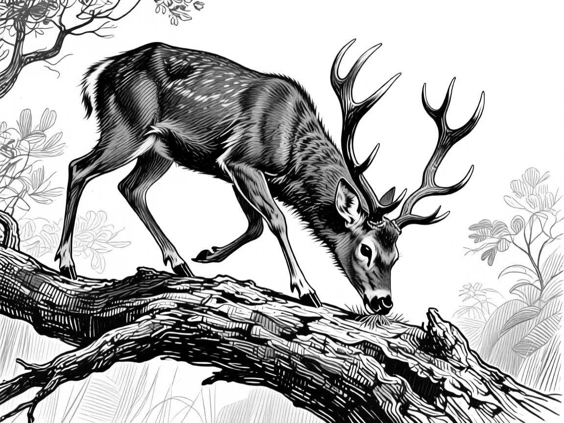 A grazing deer atop a weathered tree branch, muscles tensed mid-stride, capturing a mysterious and alert moment in nature with a strong, centered focal point.