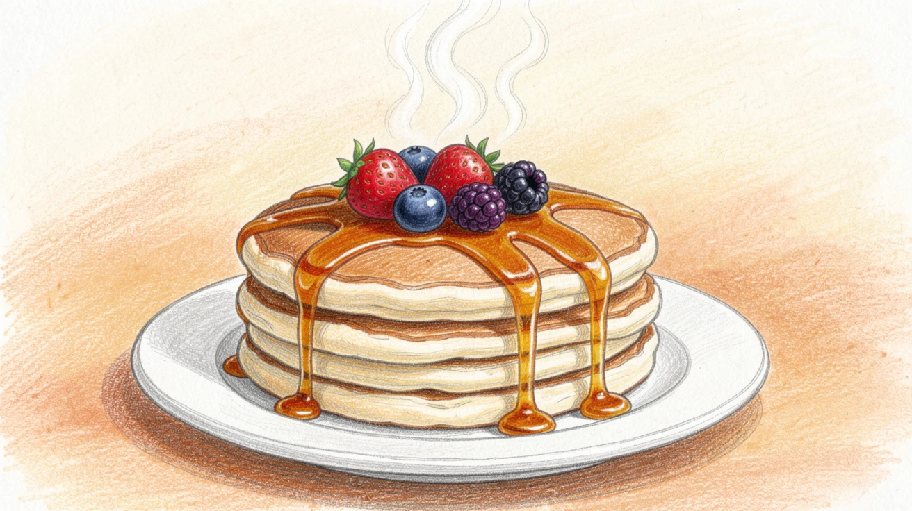A stack of fluffy pancakes drizzled with syrup and topped with berries, with steam gently rising into the warm air, capturing a quiet, satisfying morning ritual.