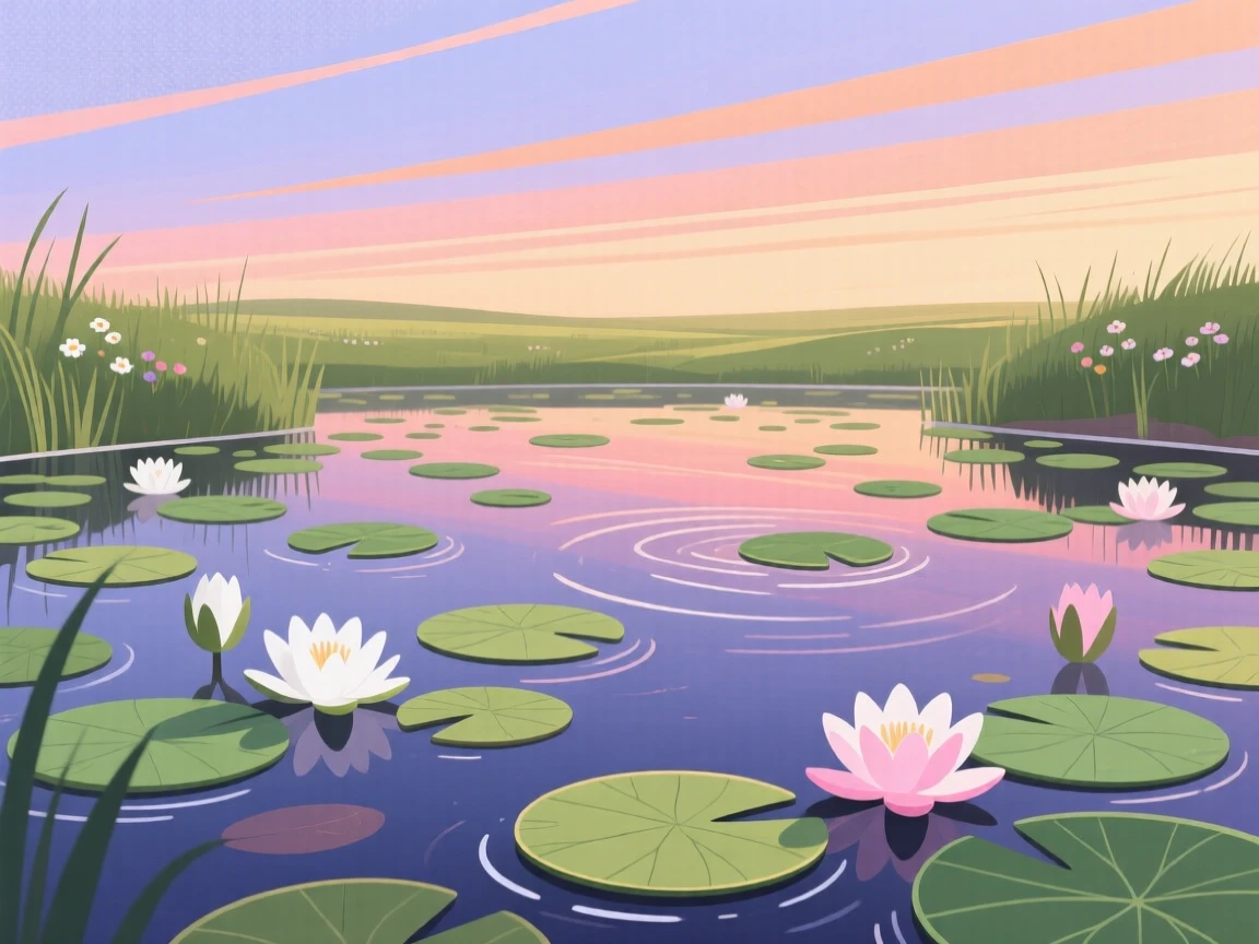 A quiet countryside pond dotted with lily pads, beneath a wide open sky streaked with color, captured from a low vantage point to emphasize scale, with delicate textures visible in every leaf and petal.