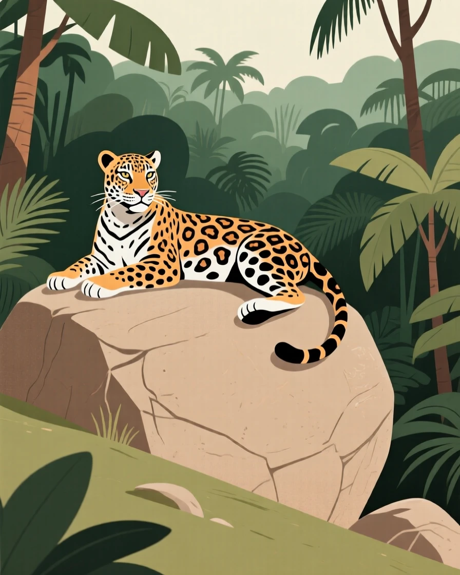 A majestic jaguar resting on a hillside boulder overlooking the dense jungle.