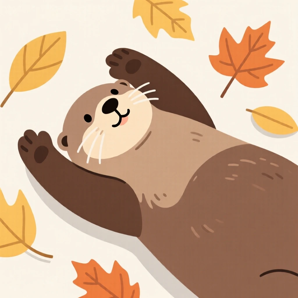 A close-up view of a sea otter stretching in the sun, surrounded by scattered autumn leaves, full of gentle curiosity.