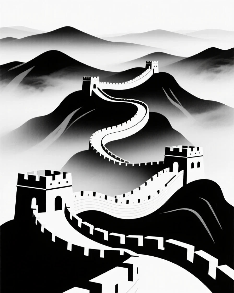 The Great Wall winding across misty mountains.