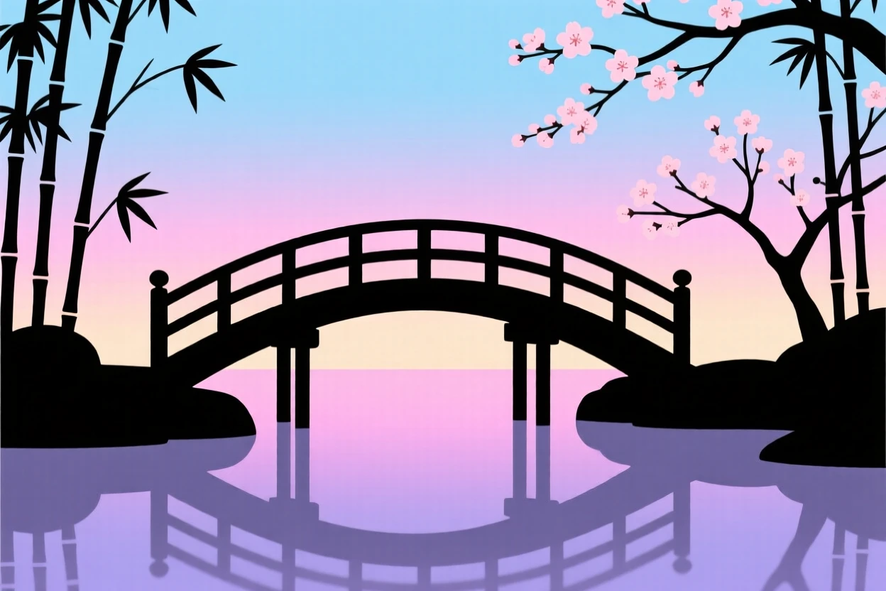A quiet Japanese garden with a curved wooden bridge over still water.