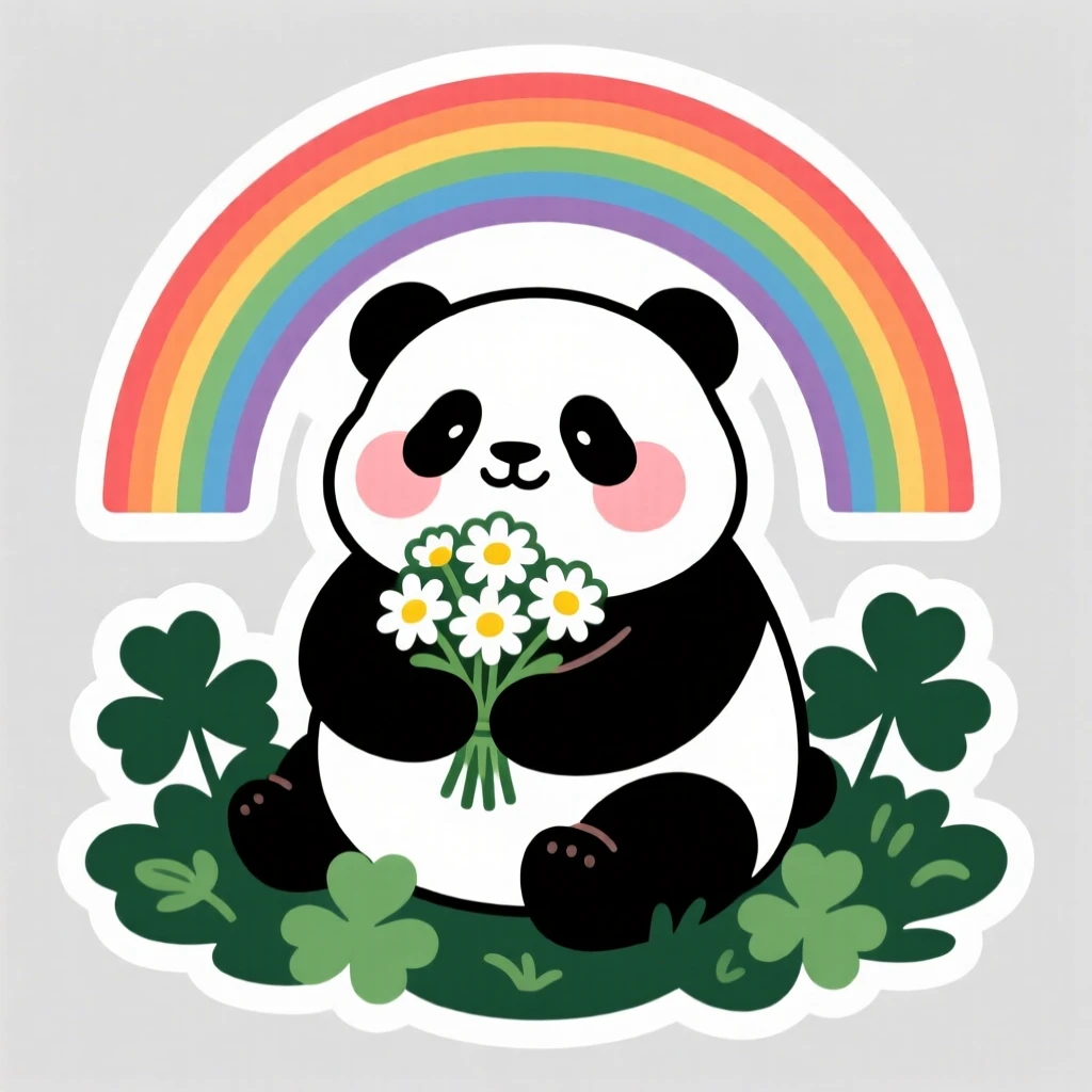 A blushing round-bellied panda cub holding a bouquet of daisies, on a bed of clover under a rainbow.