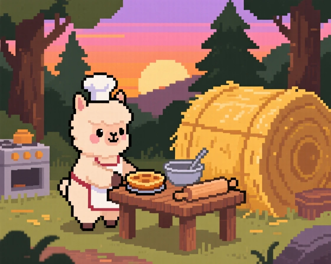 A baby alpaca baking a miniature pie in a woodland kitchen, on top of a haystack at sunset.