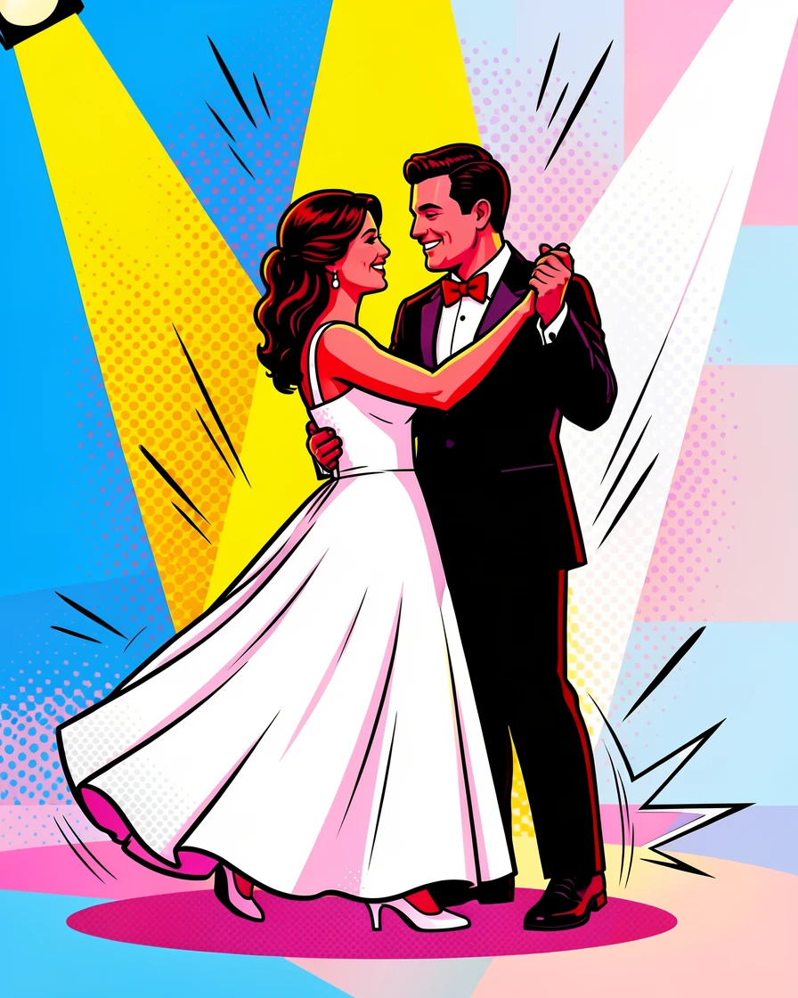 A wedding couple sharing their first dance under lights