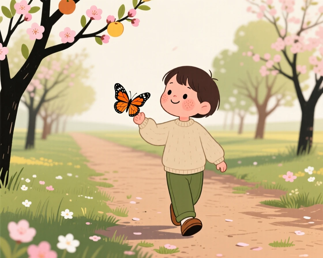 The first blossoms of spring open along a quiet orchard lane as a child chasing a butterfly walks slowly by, pausing to admire the color in the mild morning air.