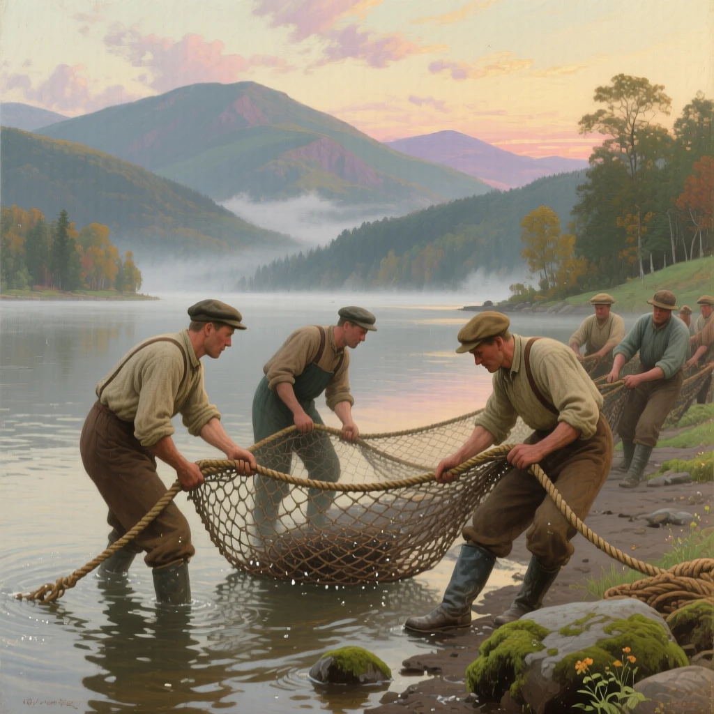 A panoramic view of a group of fishermen hauling in a heavy net at dawn, in the Appalachian mountains, in the interwar years.