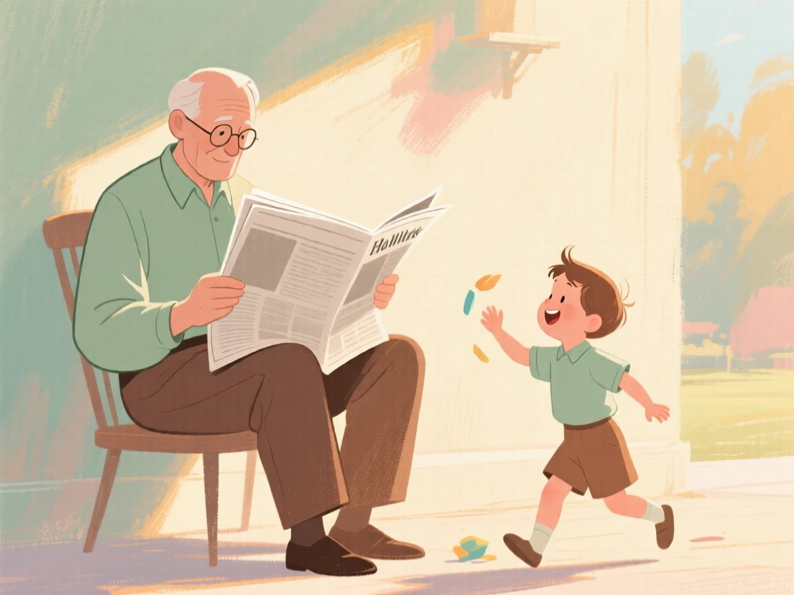 A grandfather reading the newspaper while his grandchild plays nearby