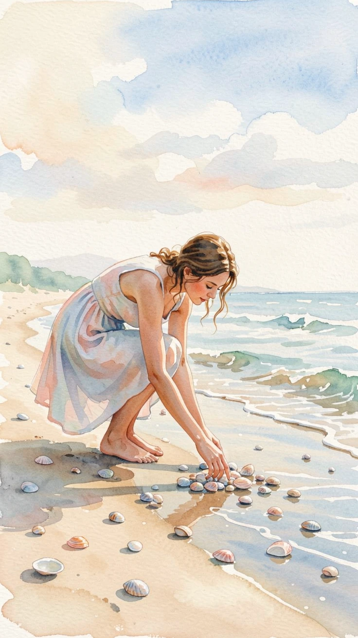 A woman collecting seashells along the shoreline with focused, peaceful concentration.