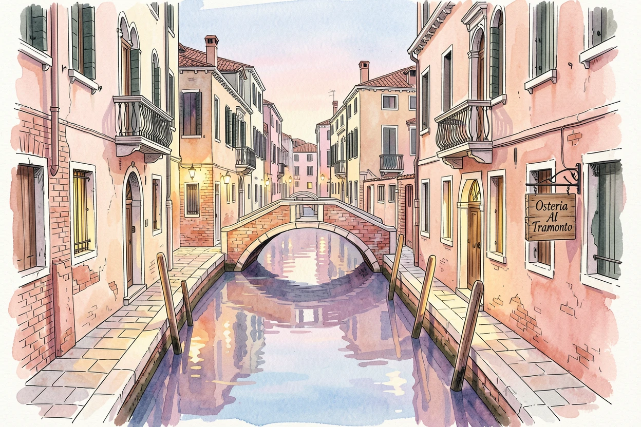 A quiet Venetian canal at dusk, reflections of pastel buildings shimmering on the still water