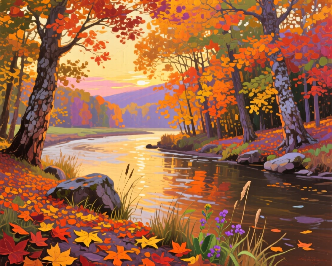 a river bend beneath autumn trees, at the end of a warm day, with layered visual detail from foreground to horizon.