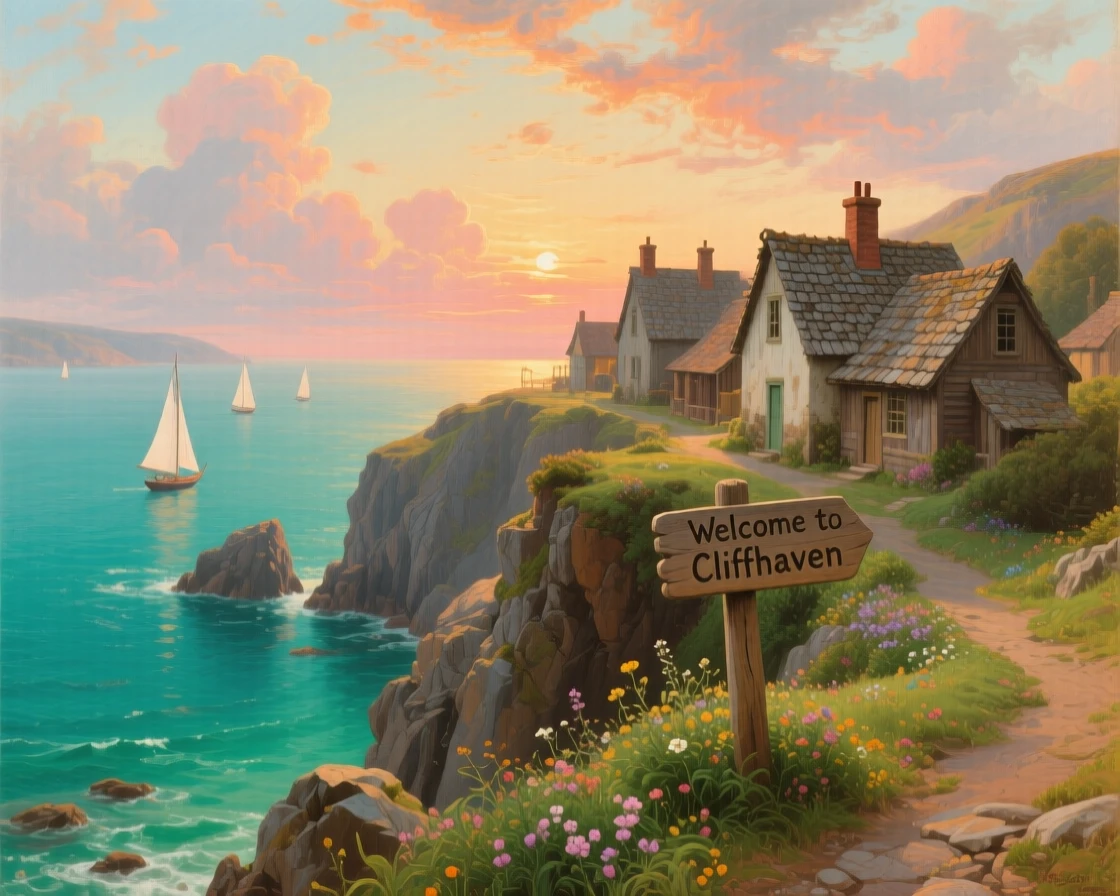 A coastal village clings to cliffs above a turquoise bay.