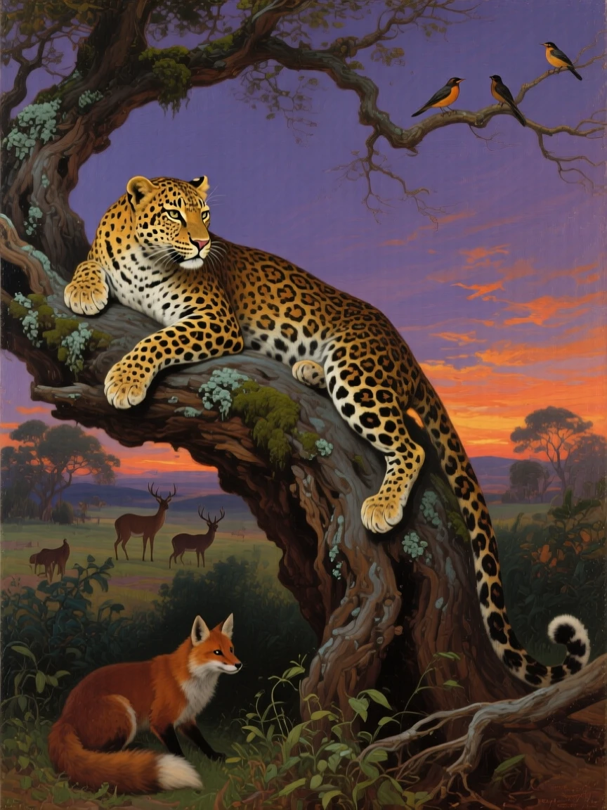 A leopard resting draped over a thick tree branch at dusk, as the surrounding wildlife goes on undisturbed, evoking deep respect for the power and grace of nature