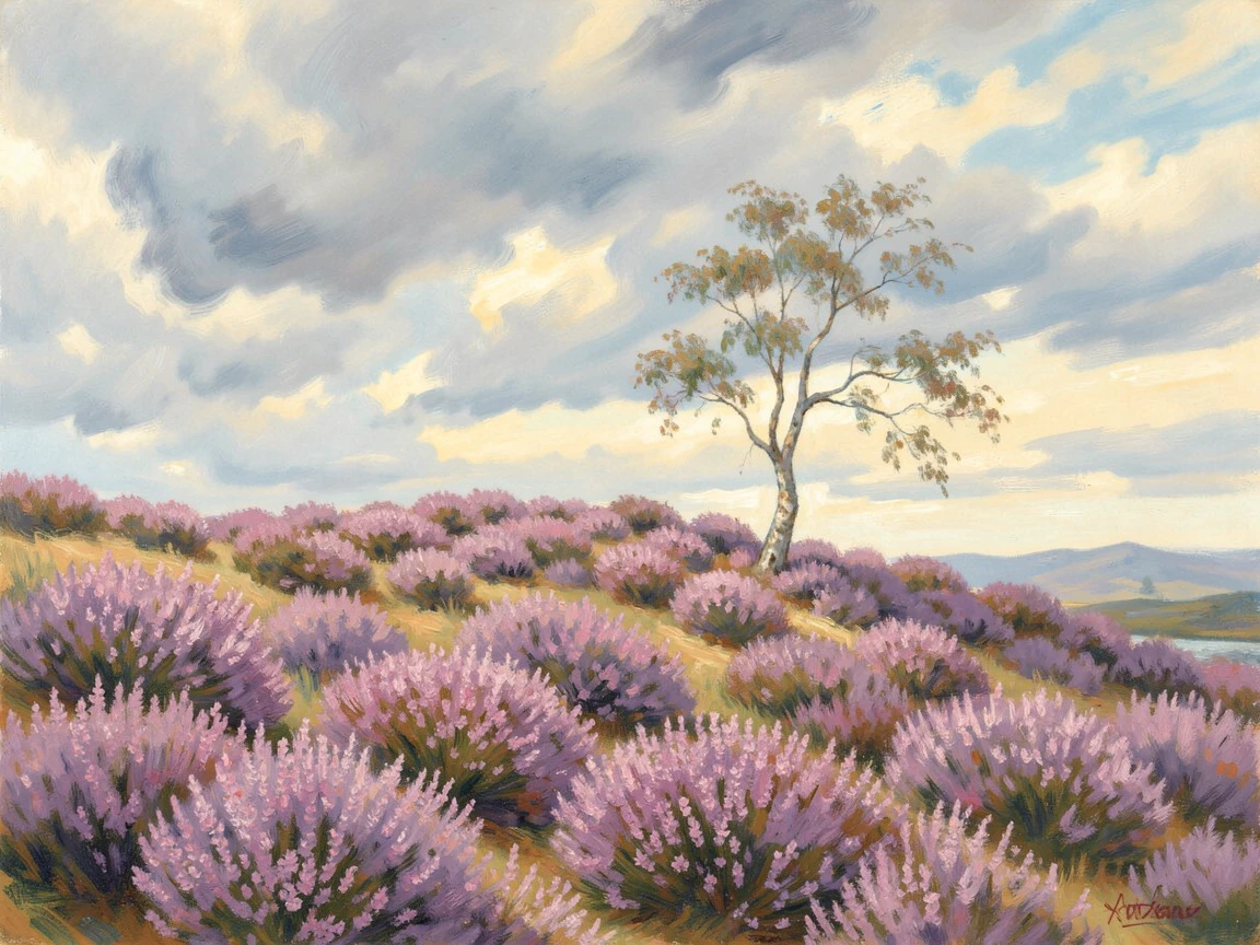 A hillside covered in blooming heather under a dramatic Scottish sky, a solitary tree standing on the ridge.