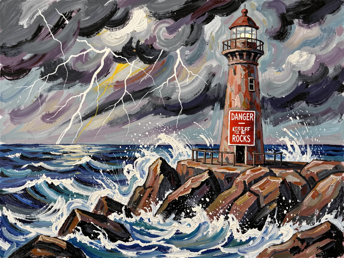 A dramatic coastal storm with waves exploding against a rocky lighthouse point.