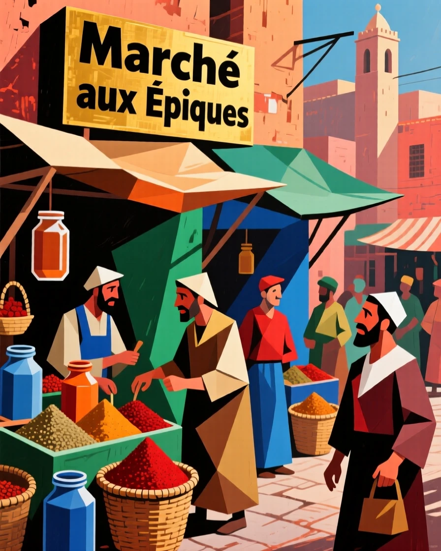 A lively spice market in Marrakech filled with vibrant mounds of color.
