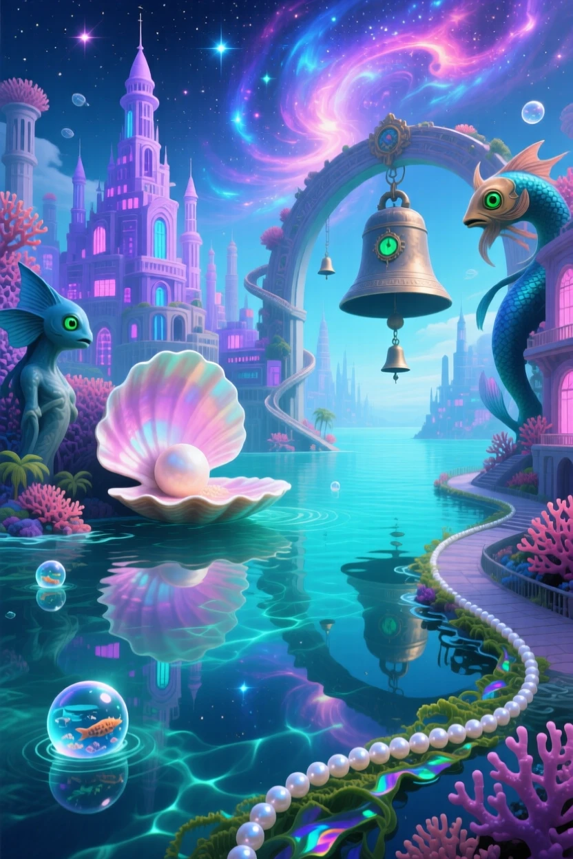 A merfolk city glowing softly beneath a glassy tropical sea guards a hidden path that few have ever found, while distant bells seem to ring without any wind.