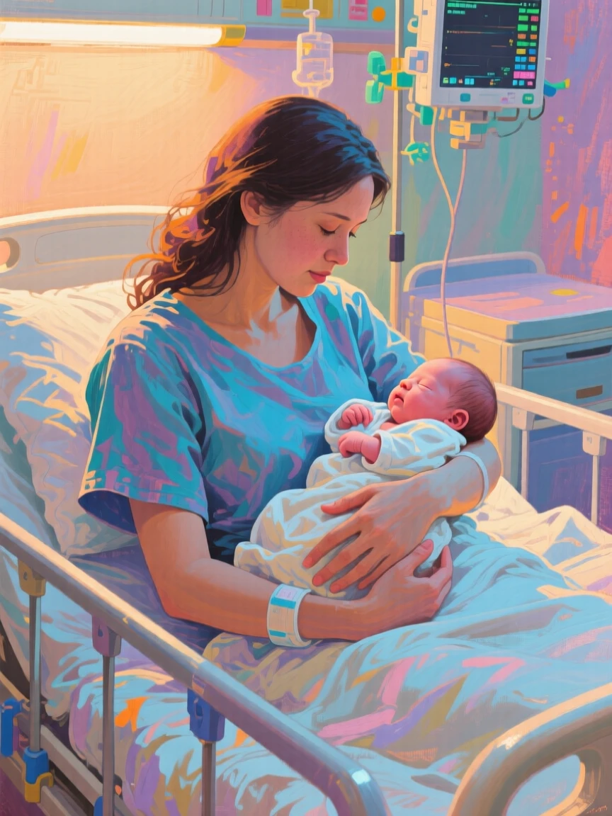 A mother comforting her newborn baby in a softly lit hospital room just after birth